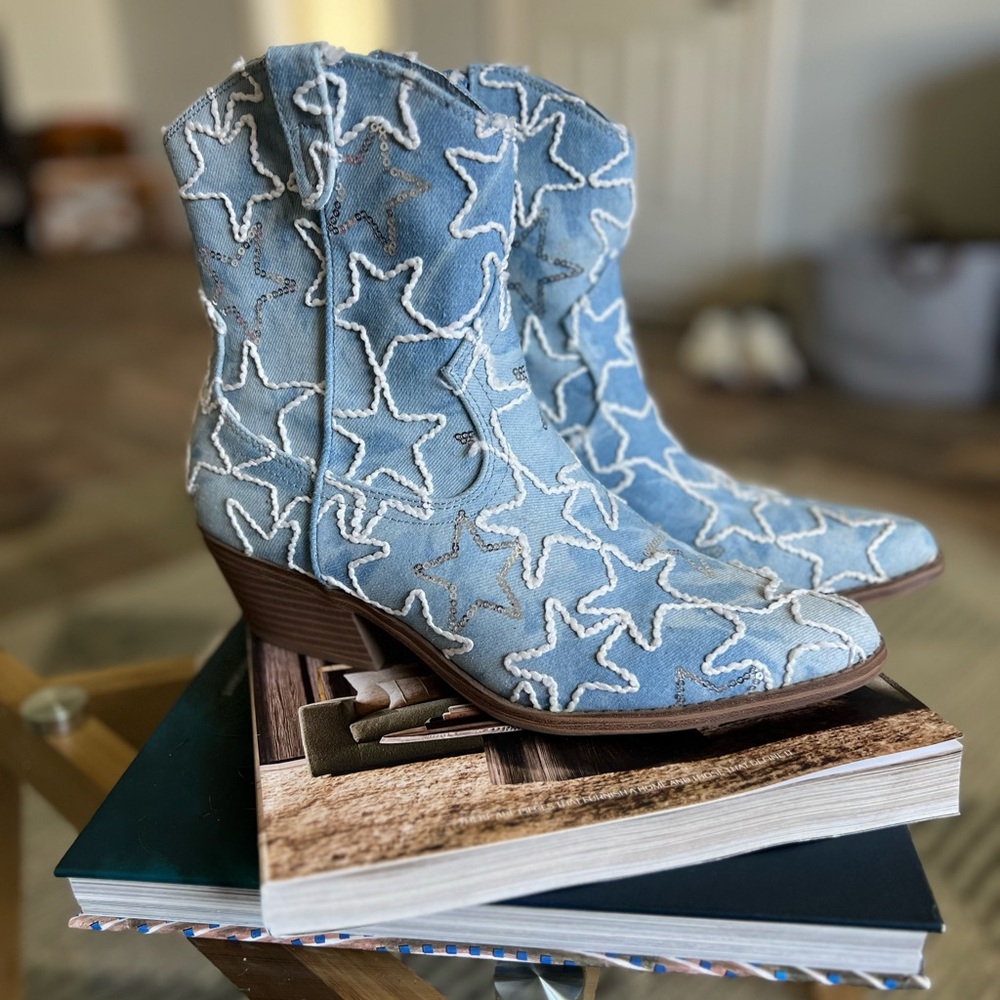 Denim Cowgirl Boots, ankle height, worn once. Size 10.